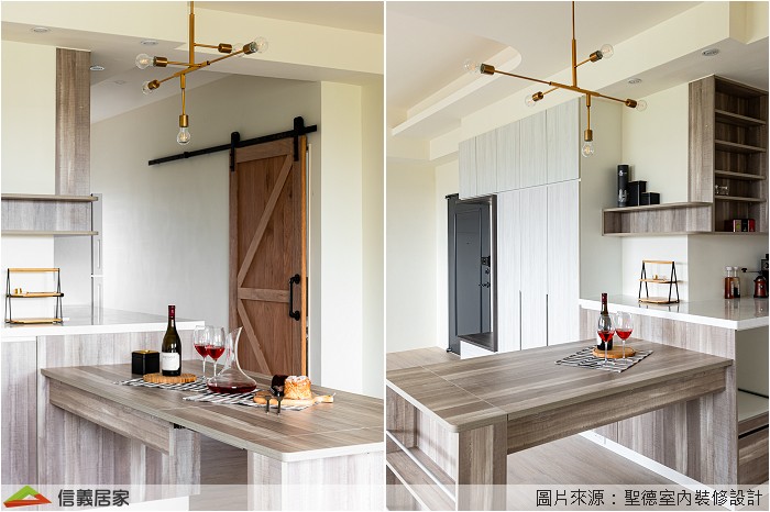 ▼室內空間捨棄了傳統居家採用大量木作施工的思維，改以環保綠建材的低甲醛系統板、環保塗漆作為主要素材，包含傢俱、燈具乃至所有的桌面、櫃體、地板等，都以可拆卸帶走為前提下施作，希望能在下一個居所再度被使用，減少裝修的廢棄物與環境的負擔。 設計師以「環保、綠能、再利用」的減量裝修與保留空間彈性，完美呼應屋主重視環保的理念。