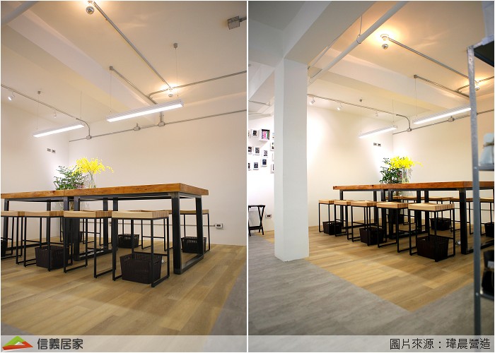 為了控制預算採用pvc地板鋪設，pvc地板的價格較低且施做快速，最適合店面使用，雖然是平價的工程材料還是要注重美觀搭配，水泥色方型地磚+淺木紋的長型地磚，讓空間有了軟性的區隔，走道區跟用餐區一目了然！