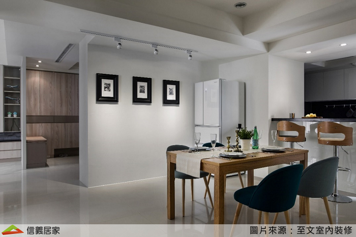 白色餐廳室內裝潢設計，包括餐桌、餐椅、吧台裝潢圖片