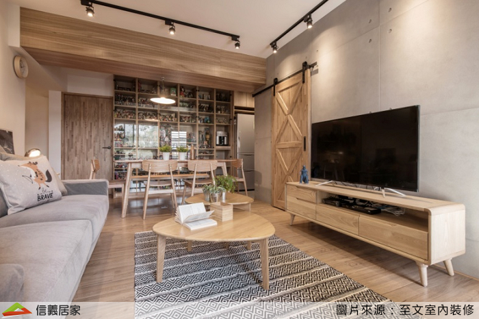 米色客廳室內裝潢設計，包括沙發、茶几、收納櫃、餐桌、電視櫃、地毯、餐椅、展示櫃裝潢圖片
