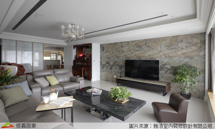 米色客廳室內裝潢設計，包括茶几、吊燈、電視櫃、L型沙發裝潢圖片