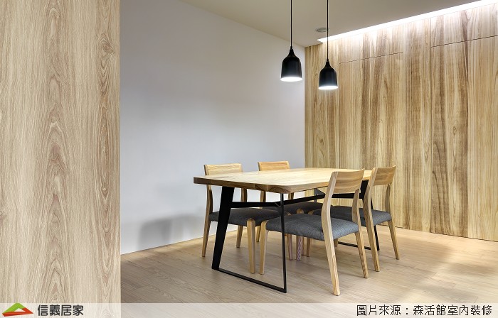 米色餐廳室內裝潢設計，包括吊燈、餐桌、餐椅裝潢圖片