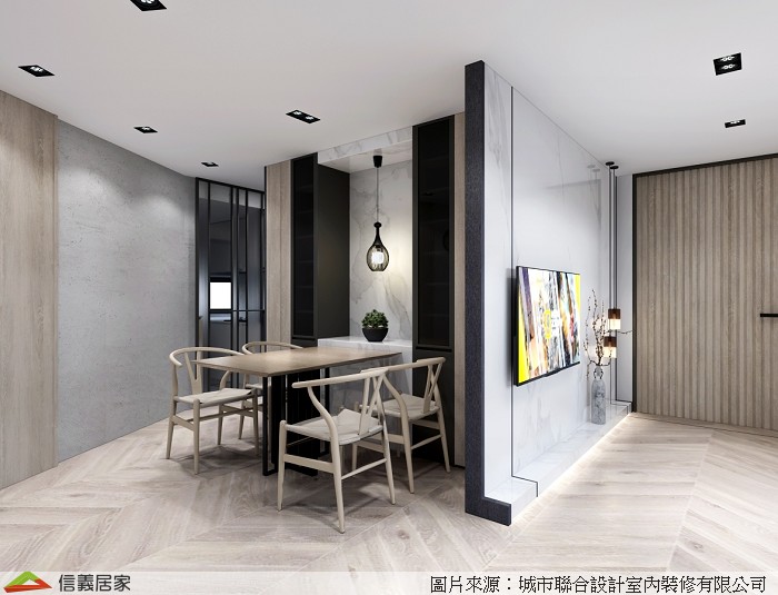 米色餐廳室內裝潢設計，包括吊燈、餐桌、餐椅裝潢圖片