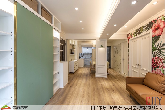 米色客廳室內裝潢設計，包括沙發、收納櫃、置物櫃裝潢圖片