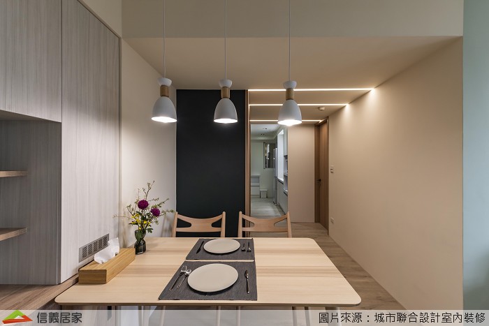 米色餐廳室內裝潢設計，包括吊燈、餐桌、餐椅裝潢圖片