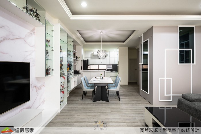 白色餐廳室內裝潢設計，包括吊燈、餐桌、餐椅、展示櫃裝潢圖片