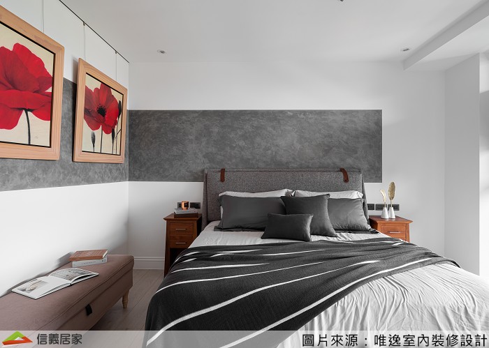 白色臥室室內裝潢設計，包括床、床頭主牆裝潢圖片