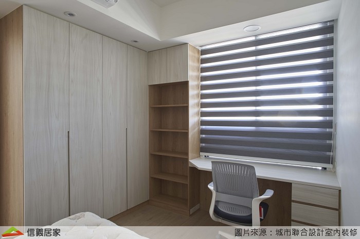 白色臥室室內裝潢設計，包括收納櫃、椅子、書桌、書櫃裝潢圖片