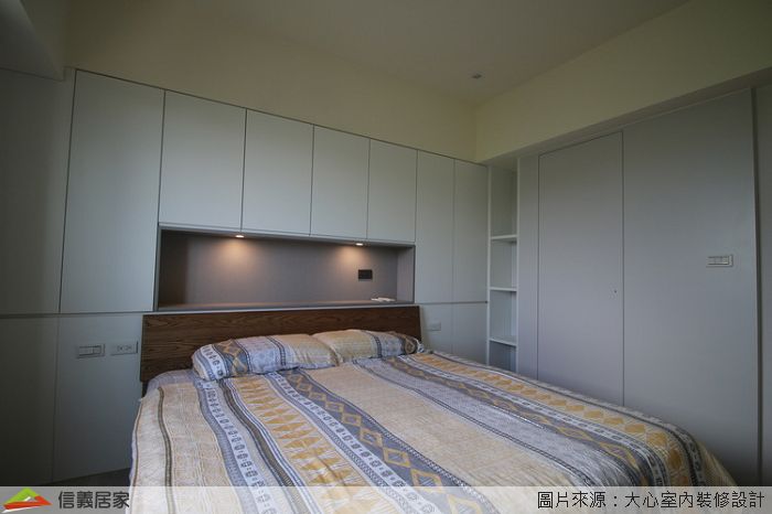 綠色臥室室內裝潢設計，包括床、嵌燈、床頭主牆裝潢圖片